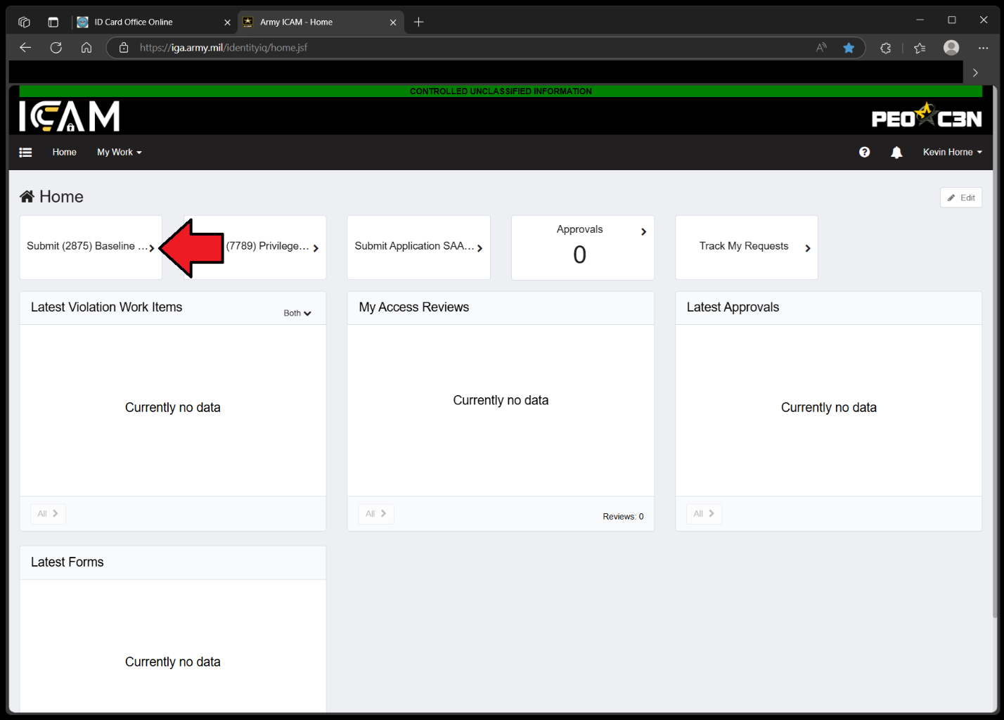 Screengrab of https://iga.army.mil website, submit baseline SAAR request Screengrab of https://iga.army.mil website, submit baseline SAAR request